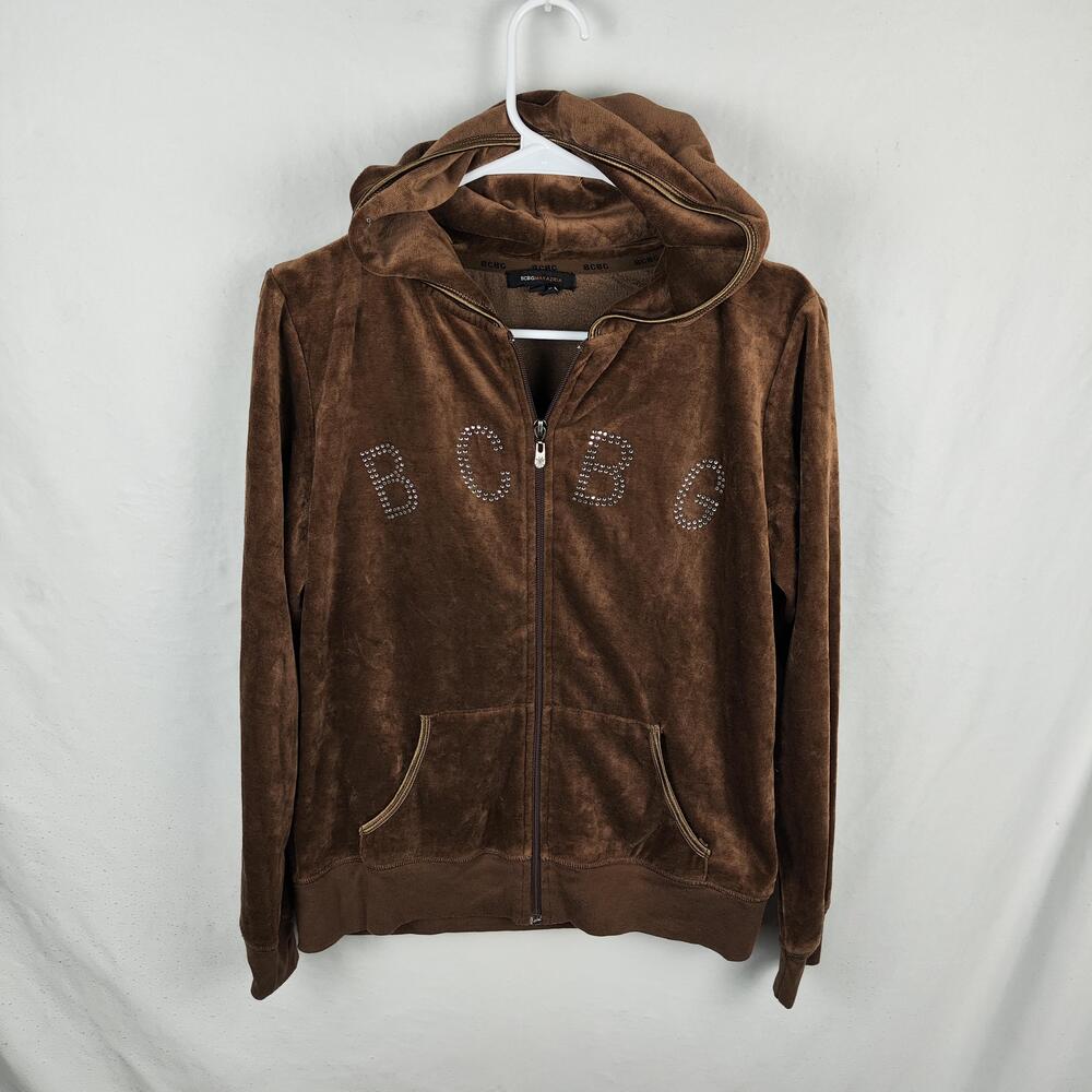 BCBGMAXAZRIA Hoodie Womens Large Brown Velour Full Zip BCBG Rhinestone